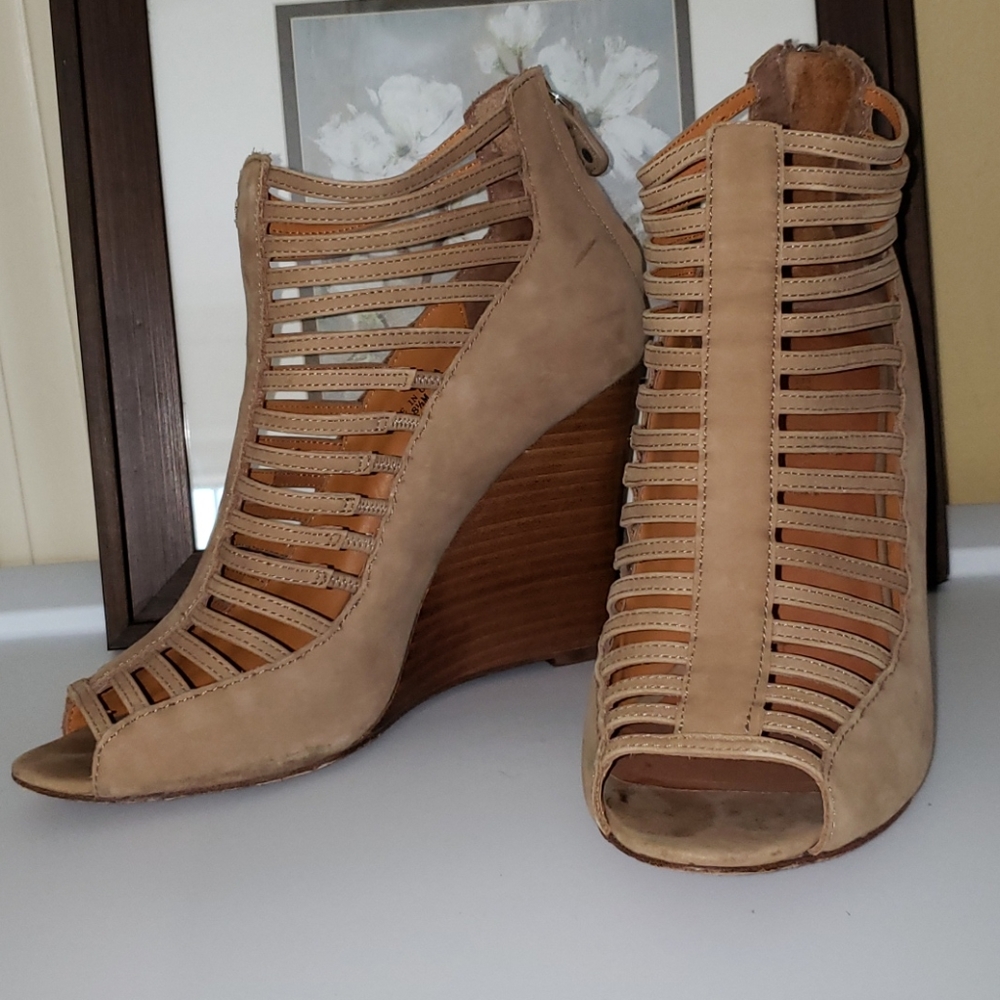 Rebecca Minkoff Tan Caged Wedge Open Toe Sandals